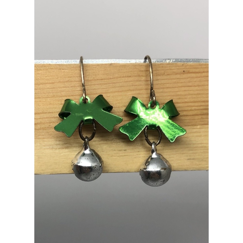 CHRISTMAS SILVER JINGLE BELLS, GREEN BOW FISH HOOKā BACK EARRINGS-SIZE SMALL